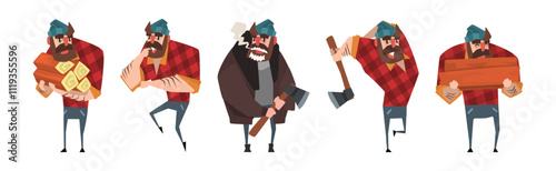 Man Lumberjack Character with Axe Chopping Wood Vector Set
