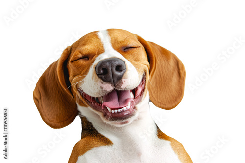 Happy beagle dog smiling with tongue out isolated on transparent background.