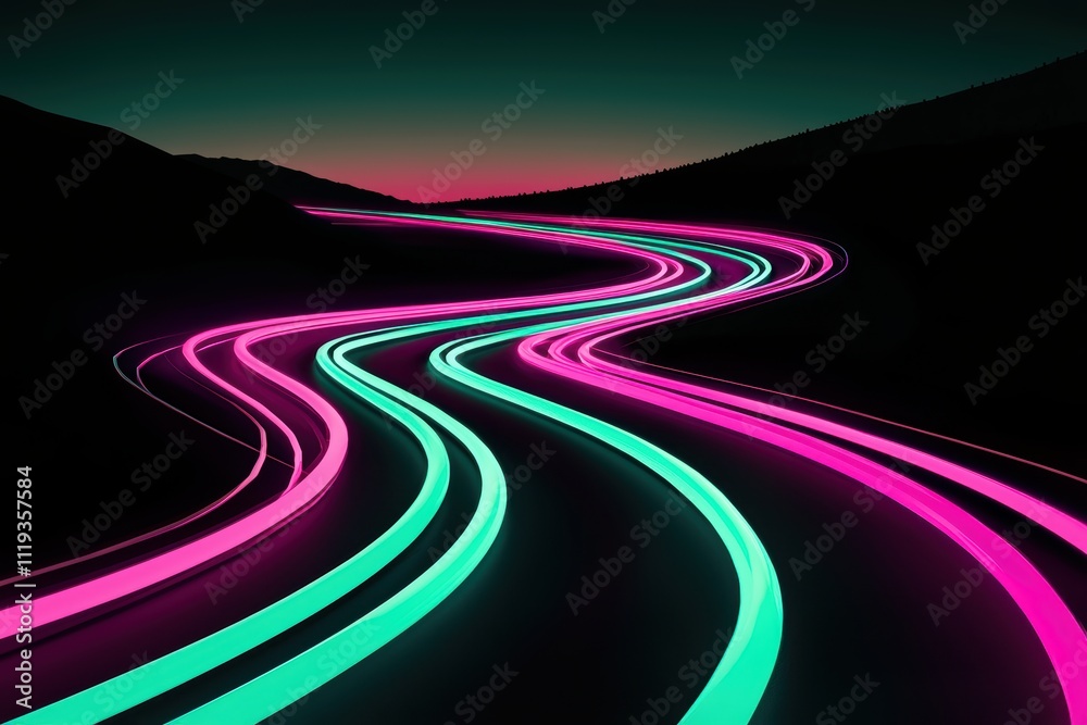 Colorful Neon Light Trails on Winding Road at Dusk Colorful Neon Light Trails on Winding Road at Dusk