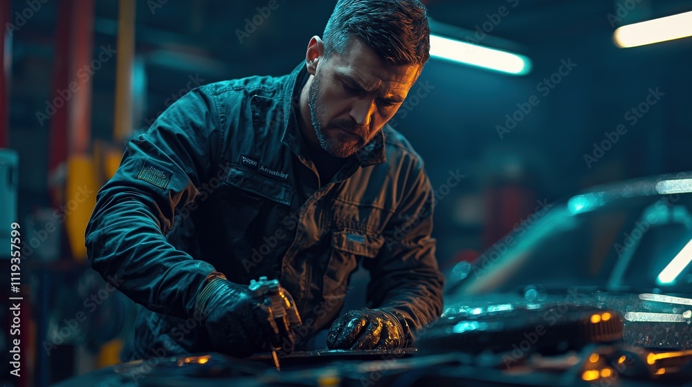 Automobile mechanic engaged in car maintenance with the help of diagnostic equipment and devices Automobile mechanic engaged in car maintenance with the help of diagnostic equipment and devices
