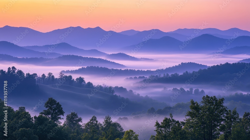 Fototapeta premium Serene misty hills at sunrise, with layers of mountains in the distance