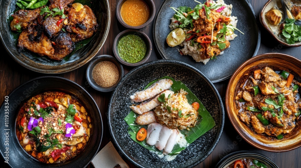 Vibrant Array of Traditional Dishes Served on Dark Wooden Table Vibrant Array of Traditional Dishes Served on Dark Wooden Table
