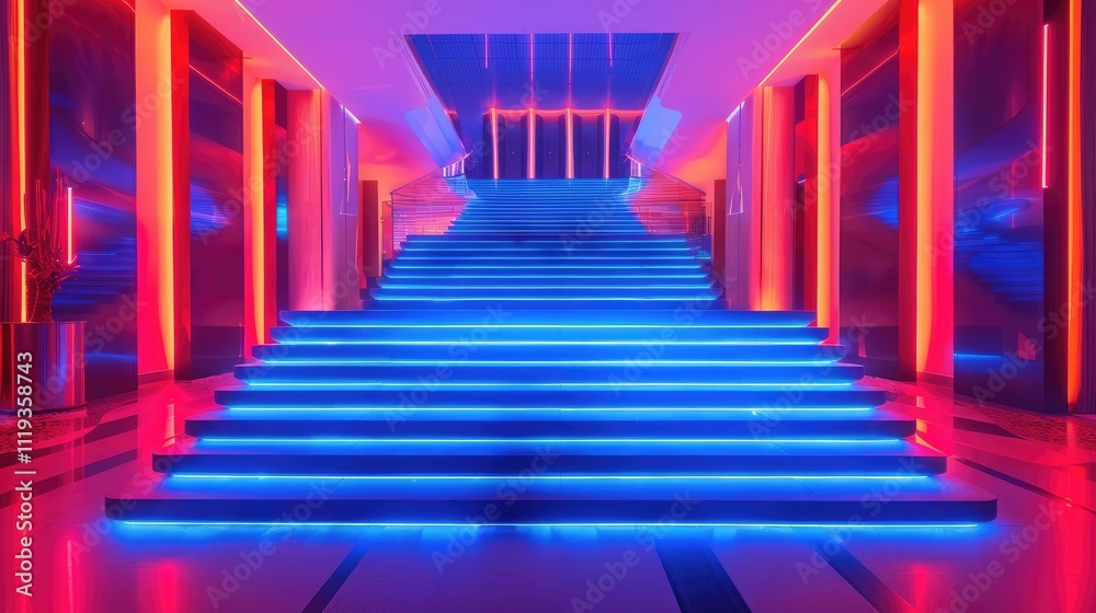 Obraz premium A grand staircase with alternating neon blue and red lights on each step