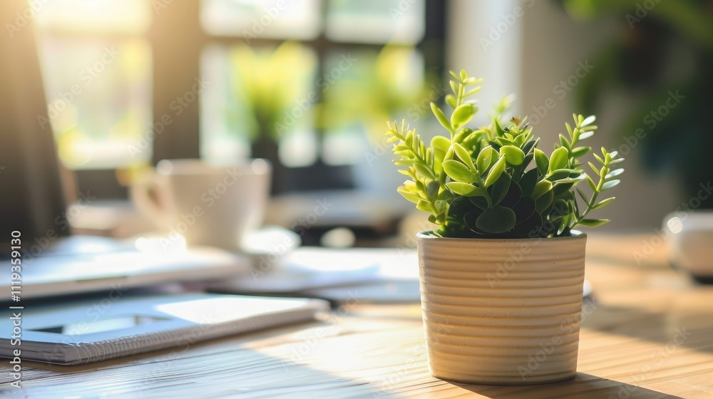 A growing financial bar graph displayed next to a small green plant on a wooden desk A growing financial bar graph displayed next to a small green plant on a wooden desk