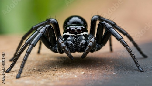 A hairy brown arachnid, a symbol of arachnophobia, clings to its intricate web against a stark white background photo