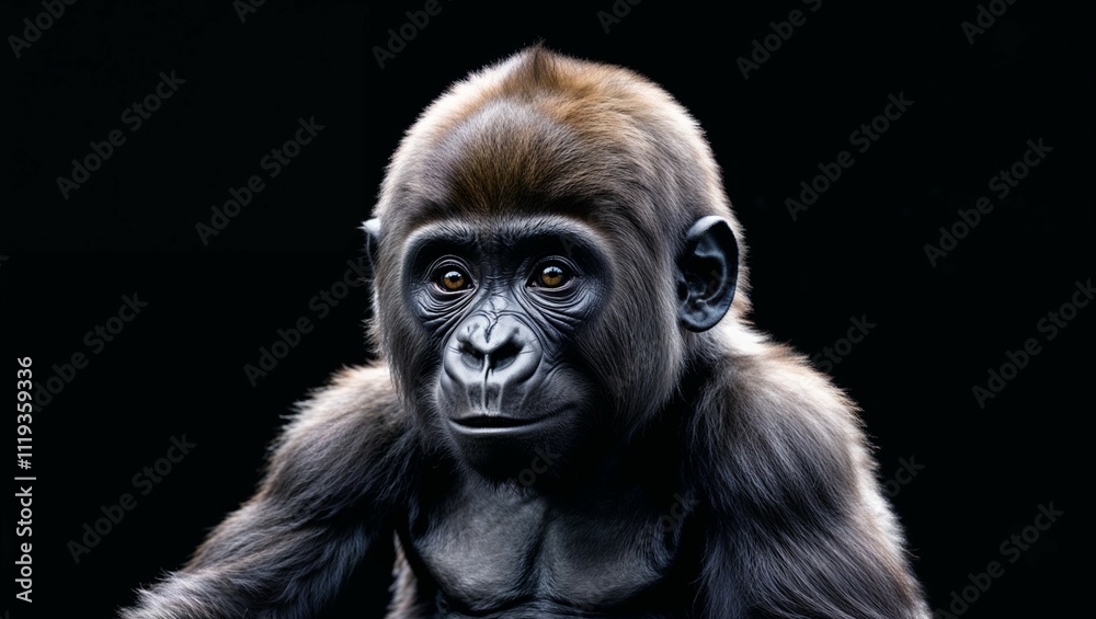 A powerful, endangered Western Lowland Gorilla, a majestic beast of the Congo jungle, stares intently into the camera A powerful, endangered Western Lowland Gorilla, a majestic beast of the Congo jungle, stares intently into the camera