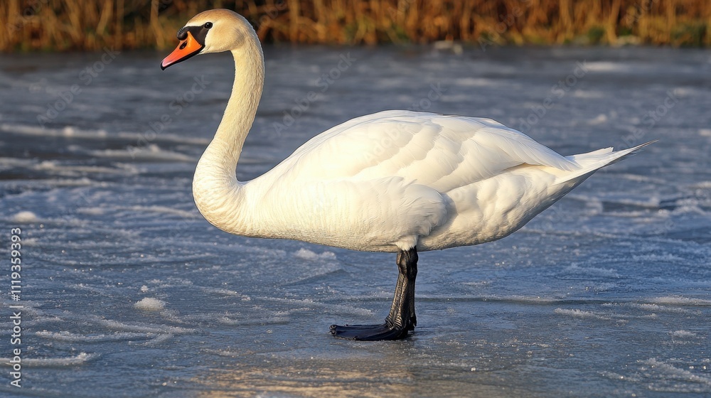 Obraz premium Elegant White Swan Standing on Icy Surface in Natural Habitat