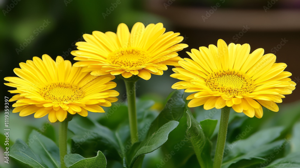 three vibrant yellow gerbera daisies in bloom three vibrant yellow gerbera daisies in bloom
