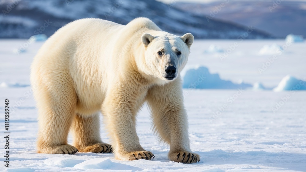 A majestic polar bear, a symbol of the Arctic, stands solitary on a vast expanse of pristine snow A majestic polar bear, a symbol of the Arctic, stands solitary on a vast expanse of pristine snow