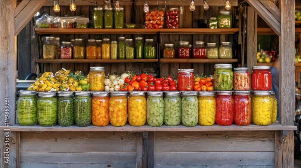Colorful Display of Fresh Vegetables and Preserved Goods in Jars