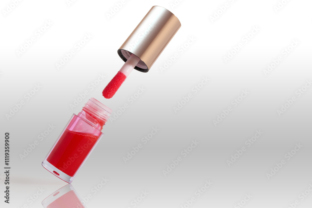 Levitate red lip gloss lipstick in transparent packaging isolated on white background. Levitate red lip gloss lipstick in transparent packaging isolated on white background.