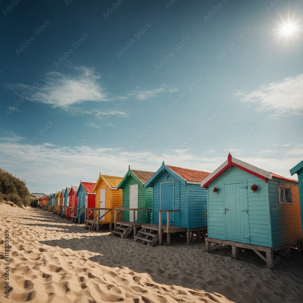 Naklejka premium Depict a row of colorful beach huts under a bright summer sky.