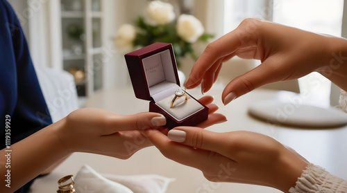 Woman giving a beautiful ring in velvet box to another woman
