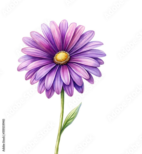 watercolor illustration of  purple daisy flower with leaf isolated on transparent background