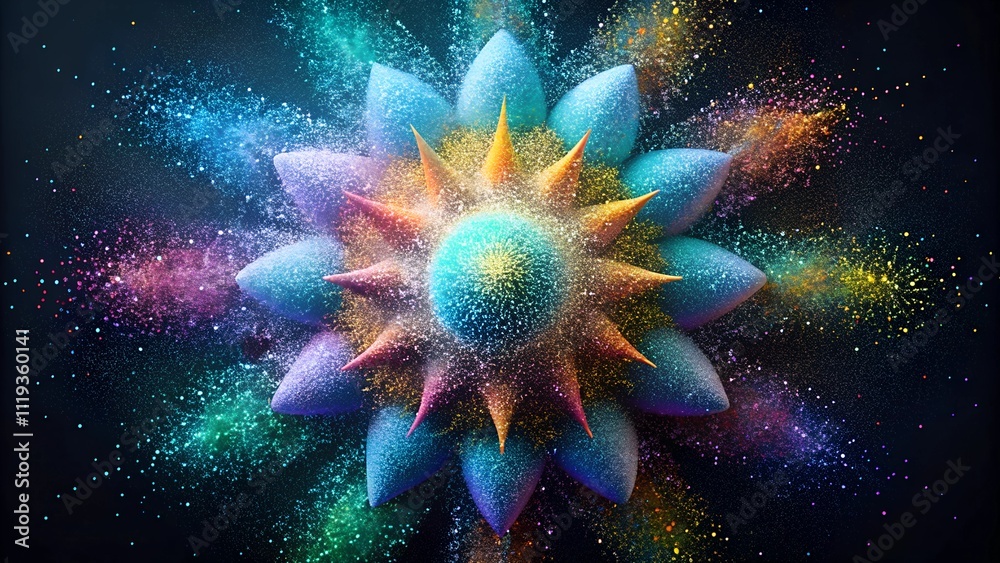 Obraz premium Colorful abstract artwork featuring a mandala design with vibrant powder explosion effect, with grain noise effect, the concept of a bright holiday