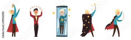 Man Magician Character Show Trick and Magic Vector Set