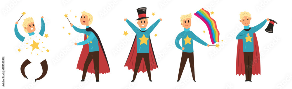 Man Magician Character Show Trick and Magic Vector Set Man Magician Character Show Trick and Magic Vector Set