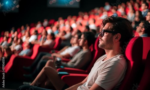 Spectateur portant des lunettes assis dans une salle de cinéma avec fauteuil rouge, projection en intérieur, public flou en arrière-plan, loisir culturel, séance de film, écran et divertissement