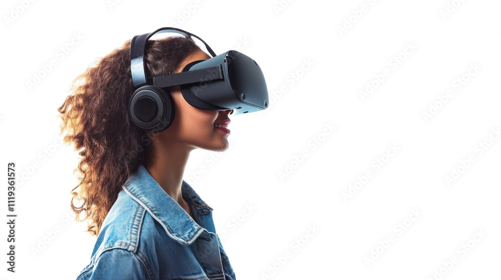 Virtual Reality Exploration: A woman wearing a virtual reality headset and headphones looks with wonder at a virtual world with an engaging expression. She wears a denim jacket. Virtual Reality Exploration: A woman wearing a virtual reality headset and headphones looks with wonder at a virtual world with an engaging expression. She wears a denim jacket.