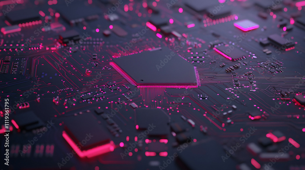 detailed view of circuit board with vibrant pink and black colors, showcasing intricate components and connections, evoking sense of technology and innovation detailed view of circuit board with vibrant pink and black colors, showcasing intricate components and connections, evoking sense of technology and innovation