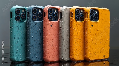 Six smartphones in colorful waterproof cases, lined up.