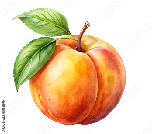 watercolor illustration of  peach with leaves isolated on transparent background