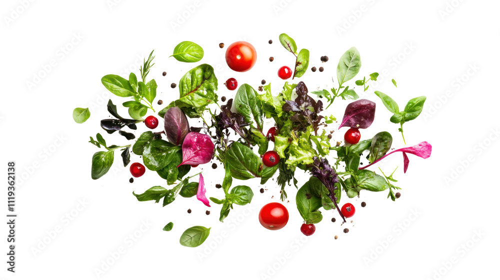 Salad Explosion: A vibrant burst of fresh greens, juicy cherry tomatoes, and peppercorns dance in mid-air, capturing the essence of a healthy and delicious salad. Salad Explosion: A vibrant burst of fresh greens, juicy cherry tomatoes, and peppercorns dance in mid-air, capturing the essence of a healthy and delicious salad.