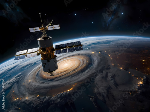 Weltraumstation in Nähe einer spiralförmigen Galaxie über der Erde bei Nacht