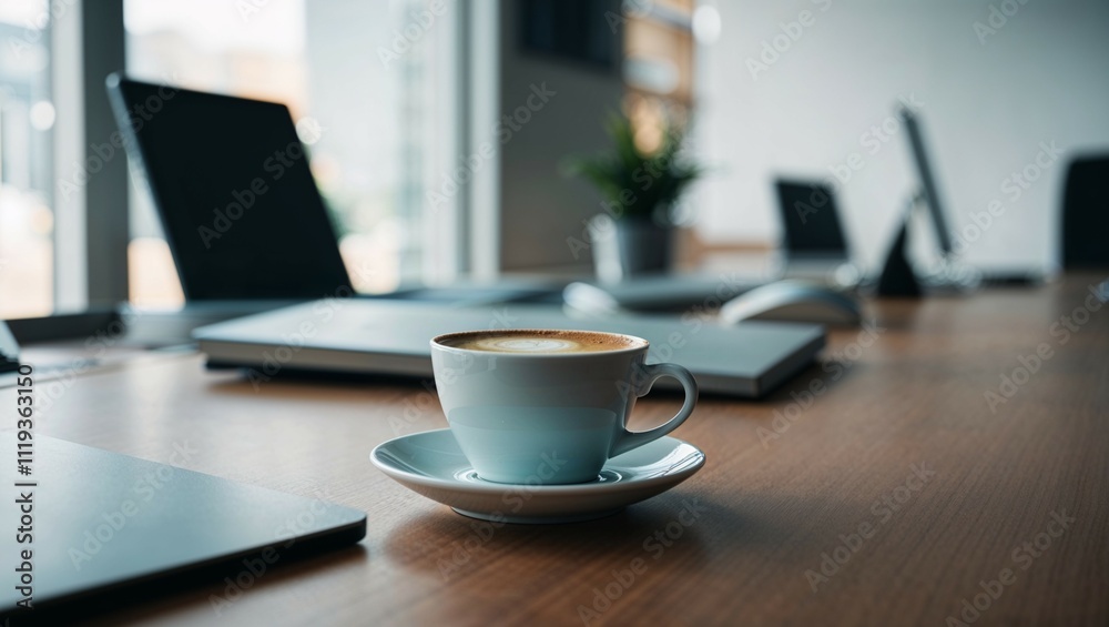A steaming mug of espresso sits on a wooden table beside a sleek laptop, ready to fuel a productive morning A steaming mug of espresso sits on a wooden table beside a sleek laptop, ready to fuel a productive morning