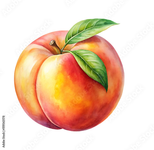 watercolor illustration of peach with leaves  isolated on transparent background