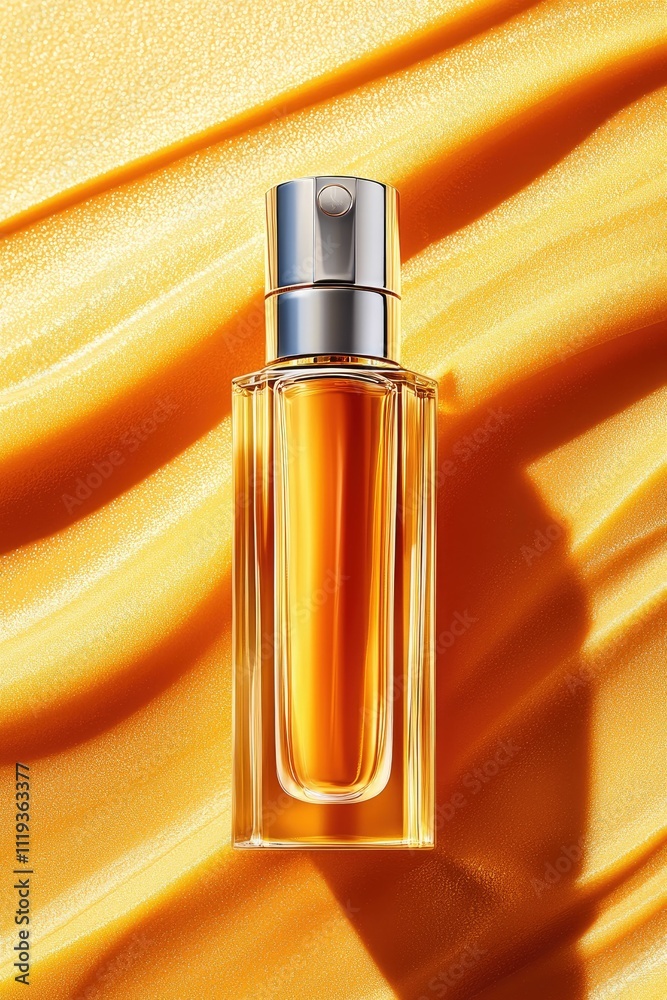 Naklejka premium Amber perfume bottle on yellow textured background.