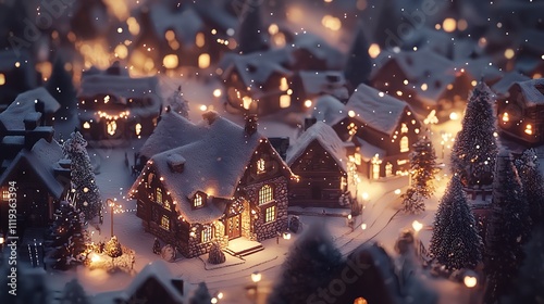 Winter Village with Snow-Covered Rooftops and Twinkling Lights