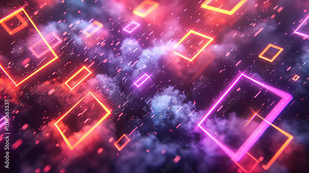 Neon squares fall like rain in a void of smoky darkness, with glowing lines intersecting in a mesmerizing dance of colors and shadows. Neon squares fall like rain in a void of smoky darkness, with glowing lines intersecting in a mesmerizing dance of colors and shadows.