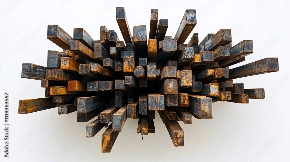 Overhead view of a large pile of rusty square metal bars, varying in length and arranged in a dense cluster against a white background. Overhead view of a large pile of rusty square metal bars, varying in length and arranged in a dense cluster against a white background.