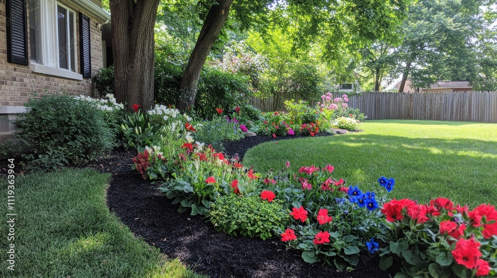 Obraz premium Lush flowering garden bed curves along a lawn, showcasing red, white, and blue blooms under a large tree.