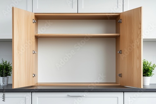Open kitchen cabinet with empty shelves, light wood doors, and gray countertop.  Small plants flank the cabinet.