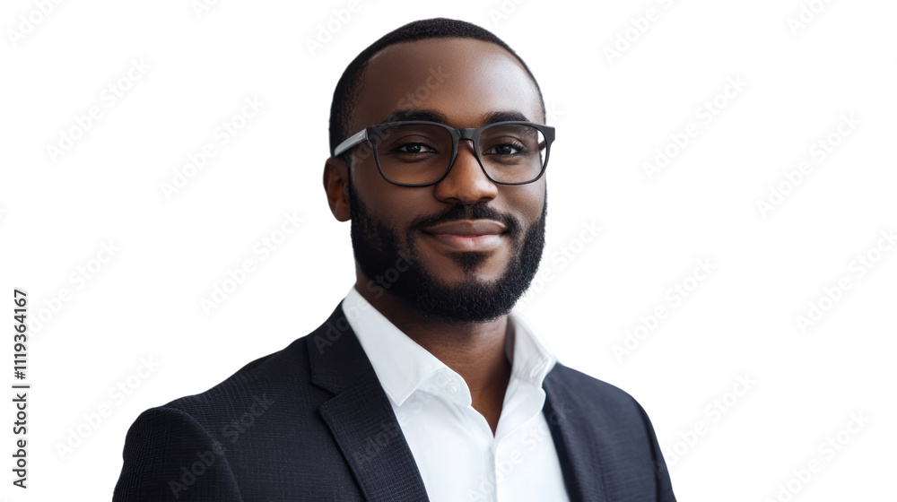 Confident Professional: Portrait of a successful, confident African American businessman wearing a suit and glasses, with a warm smile. His expression exudes professionalism and leadership. Confident Professional: Portrait of a successful, confident African American businessman wearing a suit and glasses, with a warm smile. His expression exudes professionalism and leadership.