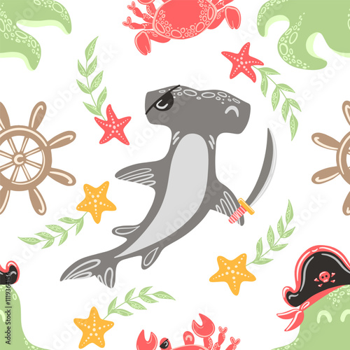 Seamless patten wirh vector pirate sea animal for child clothes. Print with vector illustration of pirate shark and pirate octopus.