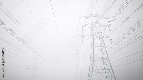 Low-angle view of electricity pylons in fog, emphasizing lines and structure.