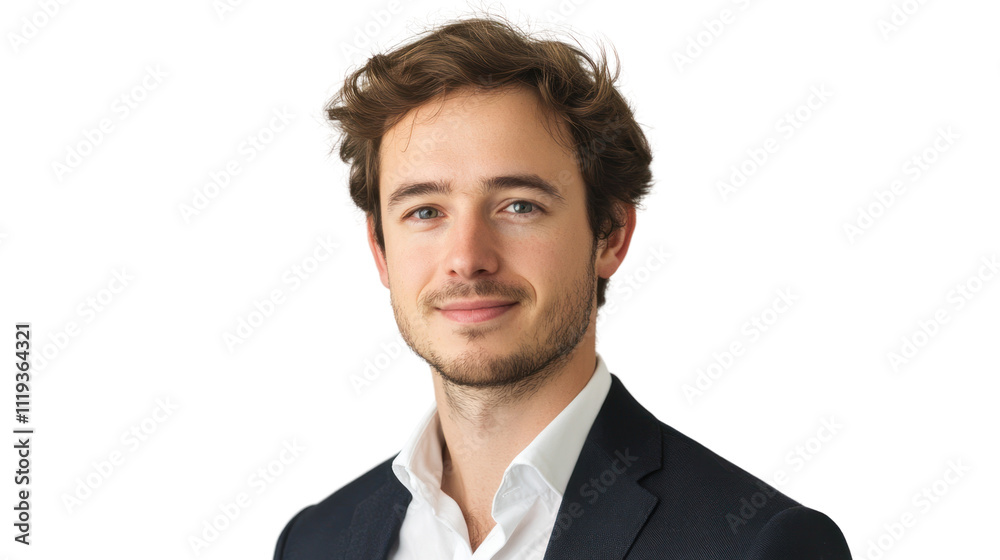 Confident Professional Portrait: Young Man in a Blue Suit and White Shirt with a Gentle Smile.  