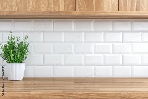 Modern kitchen interior with wood cabinets, white tile backsplash, and rosemary plant.