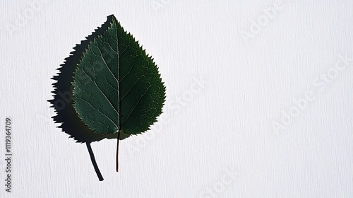 Single green leaf with shadow on white background.