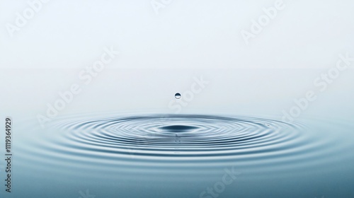 A single water droplet falling onto a still surface, creating concentric ripples.