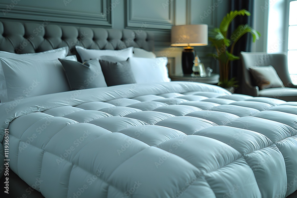 Obraz premium Cozy Luxury Bedroom with Contemporary Decor and Plush Bedding for Interior Design