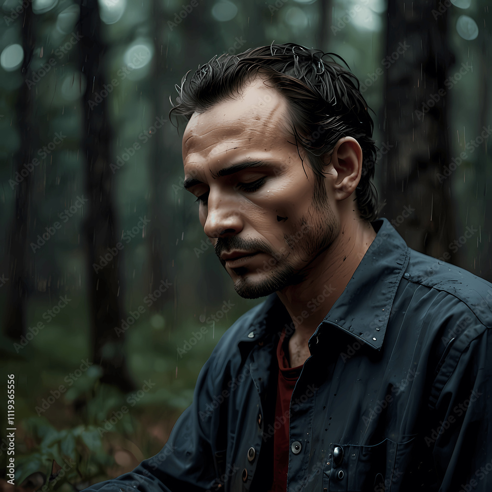 Mann im Regen im Wald, nachdenklich und verloren in seinen Gedanken Mann im Regen im Wald, nachdenklich und verloren in seinen Gedanken