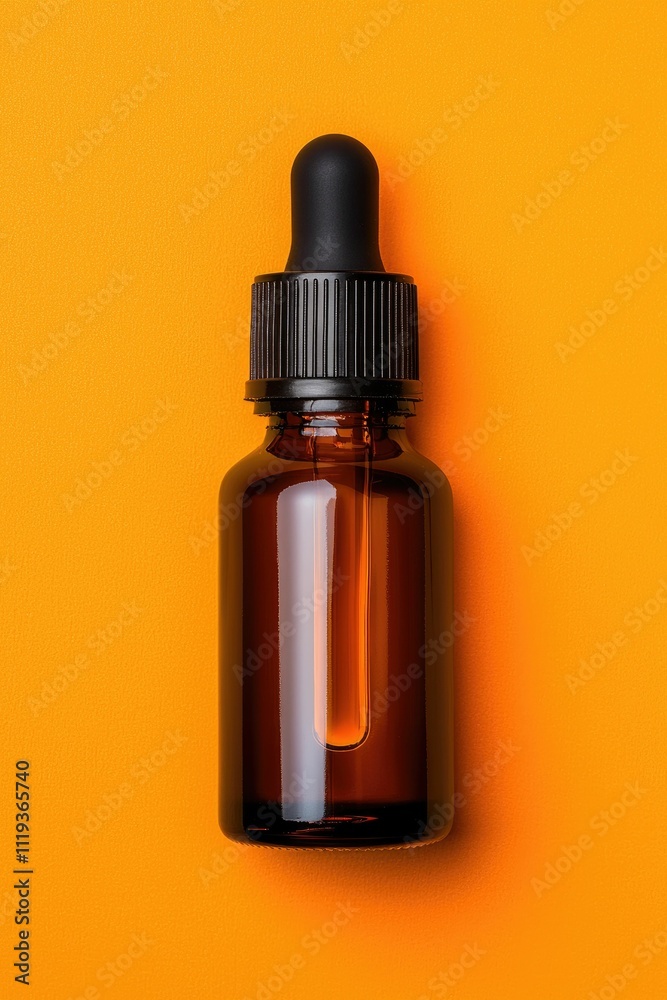 Amber glass bottle with dropper on orange background. Amber glass bottle with dropper on orange background.