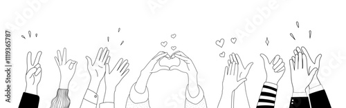 Doodle sketch hands up gestures comic icons silhouettes vector set. Group of line art fun comic hands in the air. Voting or happy congratulation audience recognition symbols.