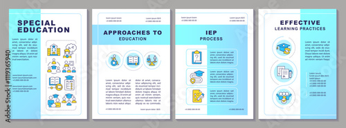 Special education blue brochure template. Education programs. Leaflet design with linear icons. Editable 4 vector layouts for presentation, annual reports. Arial-Black, Myriad Pro-Regular fonts used