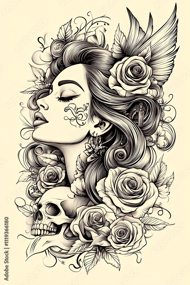 A woman with a skull and roses tattooed on her arm. The skull is positioned to the left of the woman's arm, and the roses are scattered throughout the tattoo. Scene is dark and mysterious A woman with a skull and roses tattooed on her arm. The skull is positioned to the left of the woman's arm, and the roses are scattered throughout the tattoo. Scene is dark and mysterious