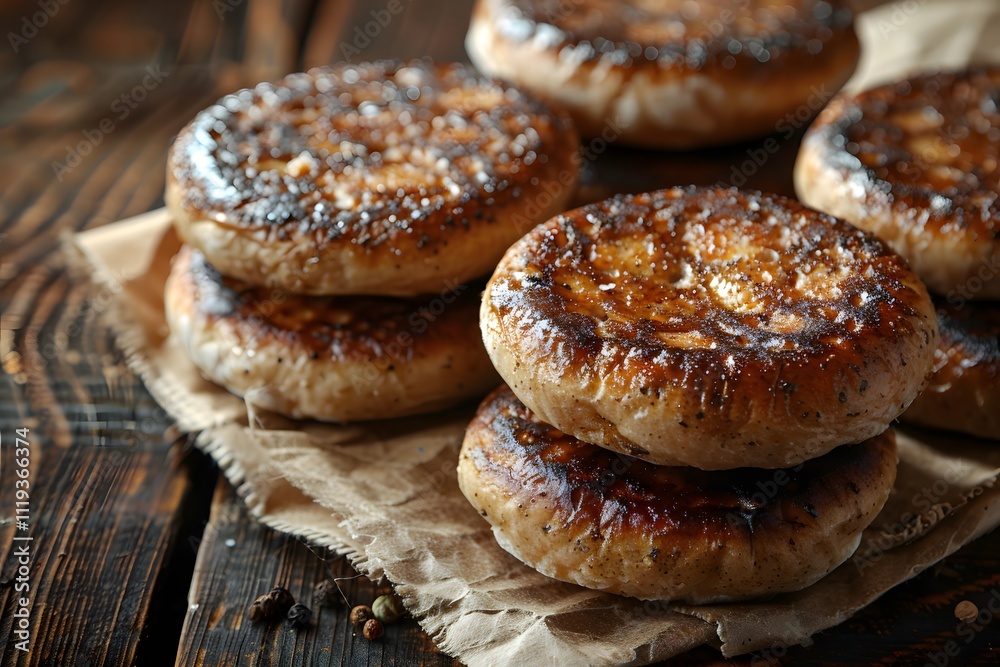 Grilled Mushroom Caps on Rustic Wooden Table Perfect for Culinary Print and Menu Design